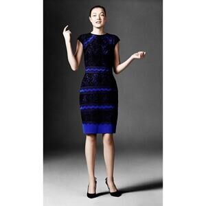 Tadashi Shoji Blue Black Lace Event Cocktail Dress S 4 6 Wedding Guest Designer